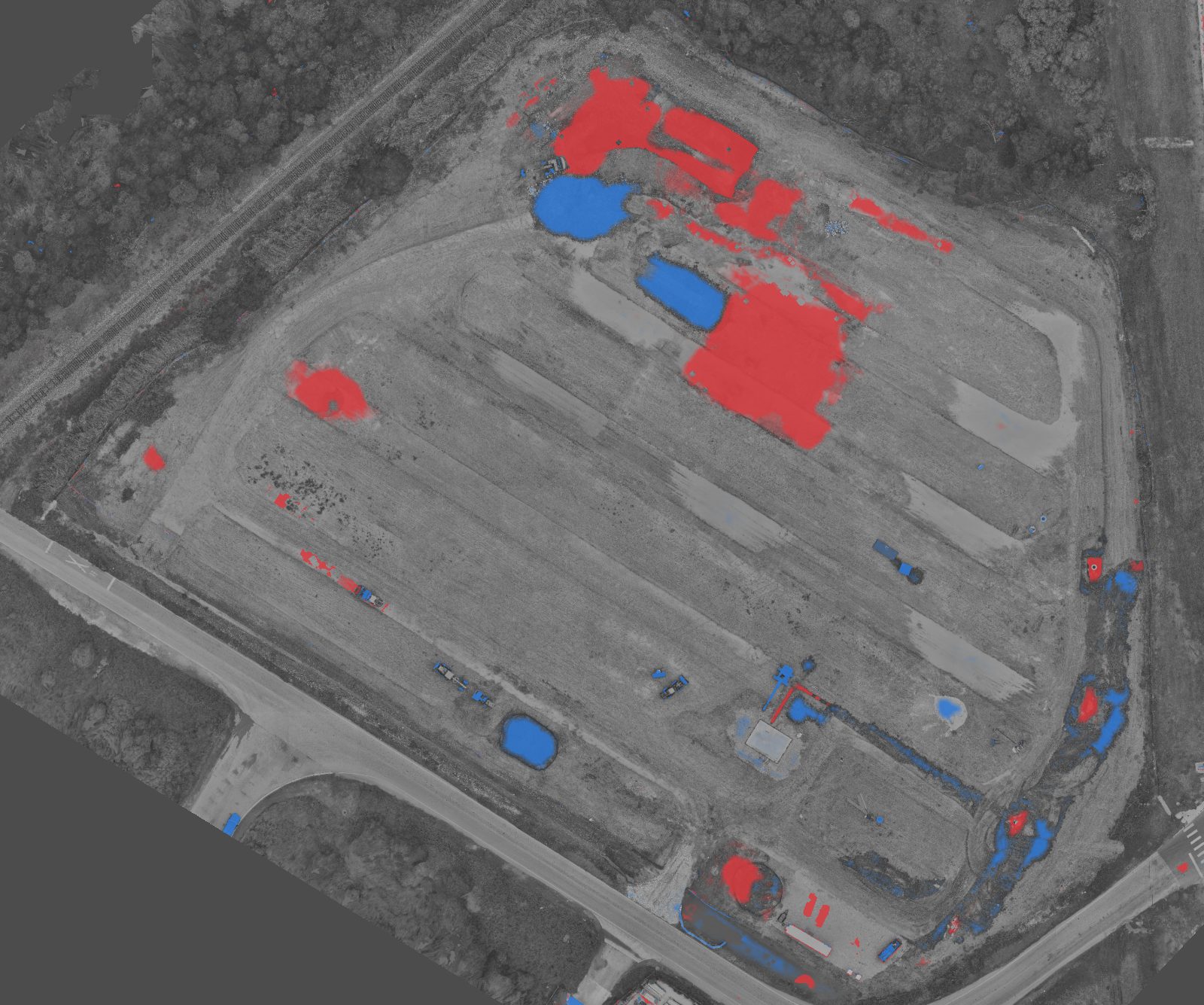 Cut and fill map of a commercial construction site in Texas comparing two drone surveys